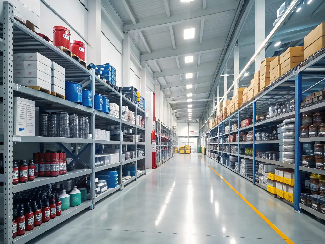 An image showing a variety of mining equipment spare parts neatly organized on shelves, highlighting the breadth of Intimetal's inventory.