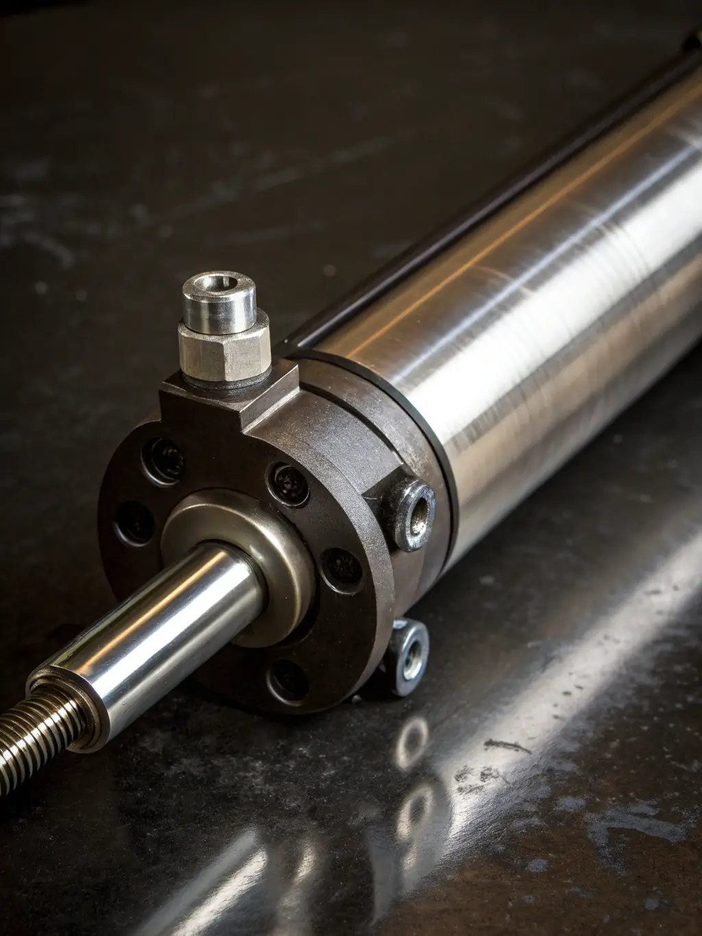 A high-resolution image of a hydraulic cylinder, clean and well-maintained, used in heavy mining machinery, with visible seals and connection points.