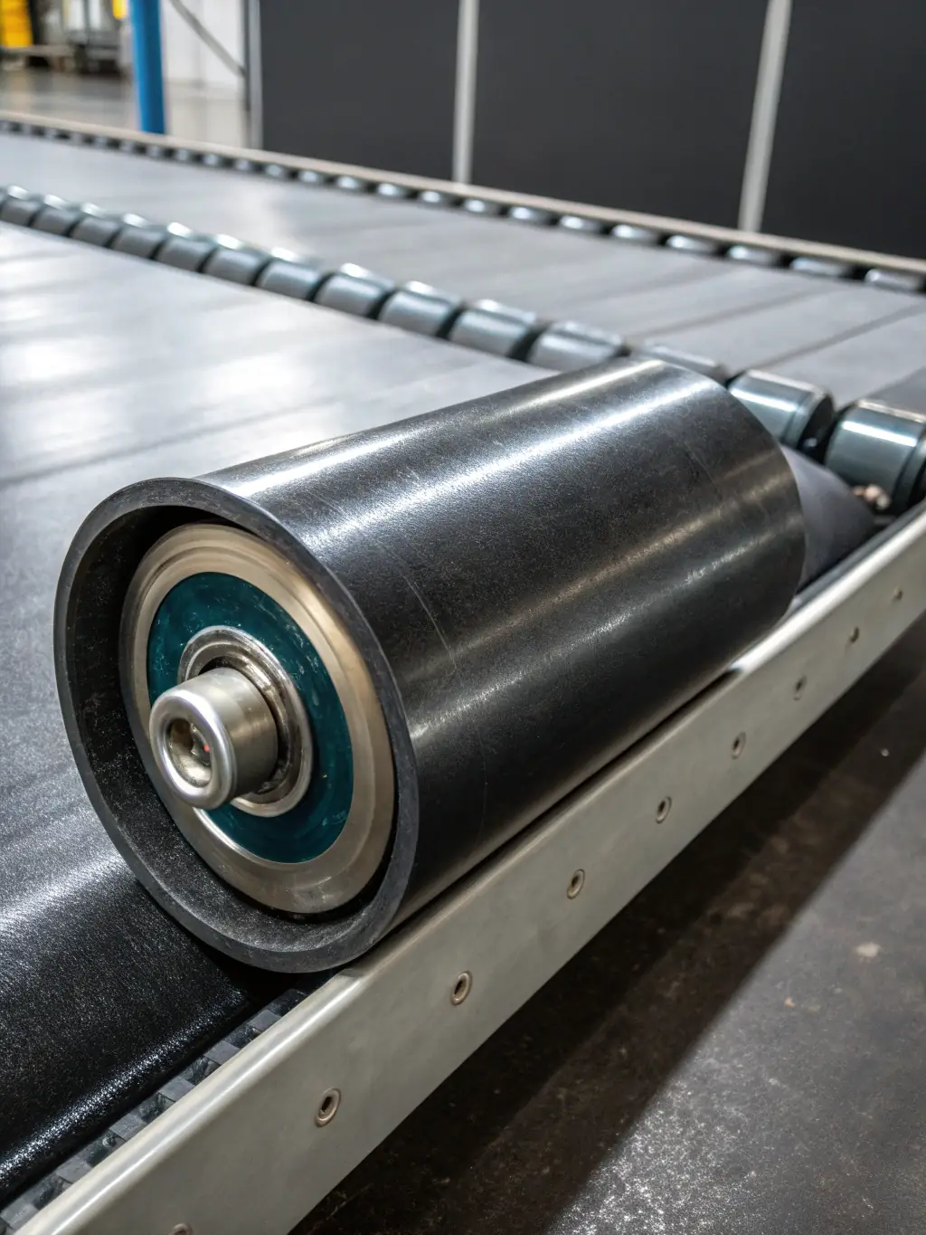 A clear image of a conveyor belt component, such as a roller or belt section, used in mining operations, showing its sturdy construction and wear-resistant materials.