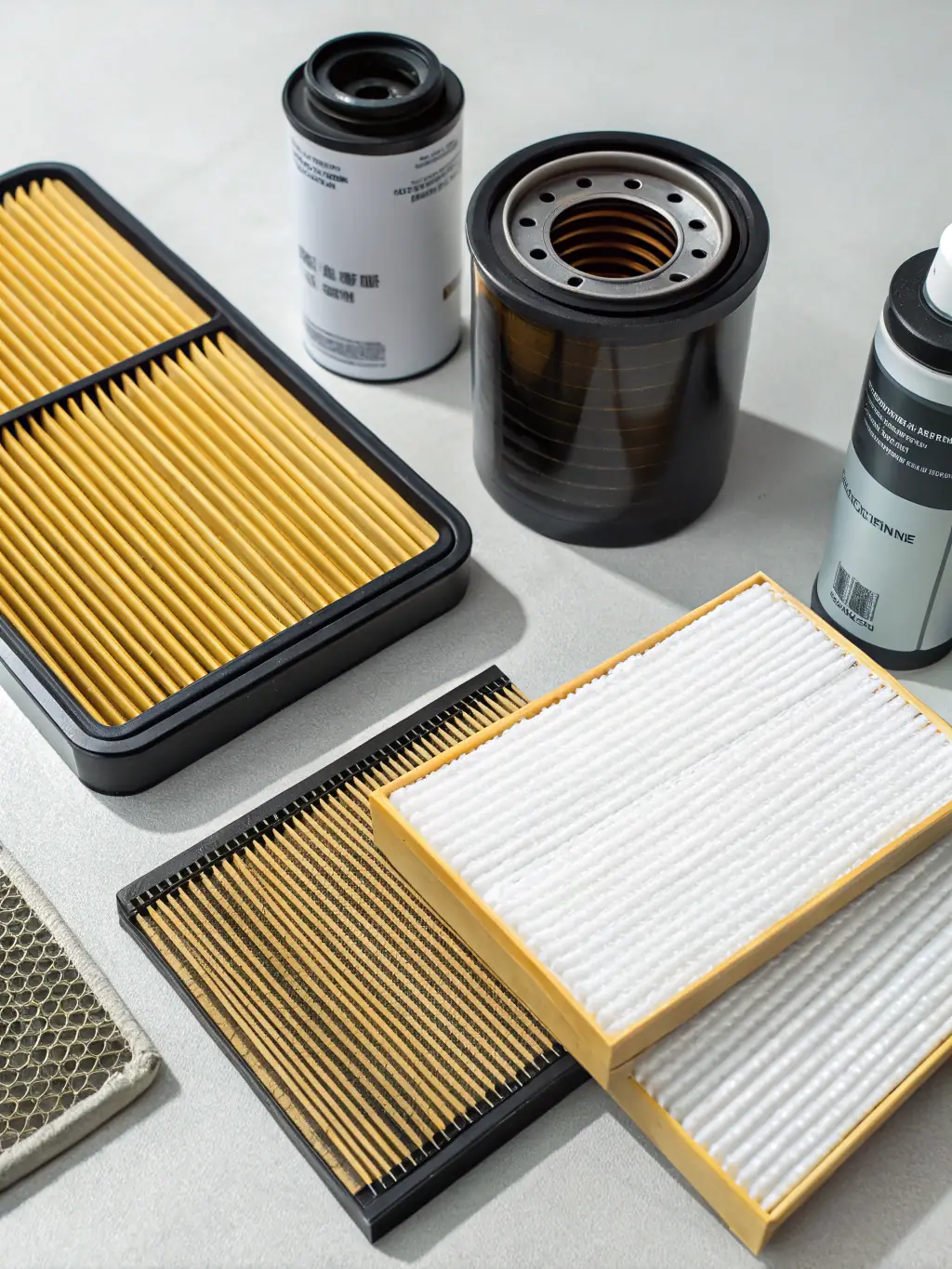 A detailed image of a set of filters (oil, air, fuel) used in mining equipment, neatly arranged to highlight their different types and applications.