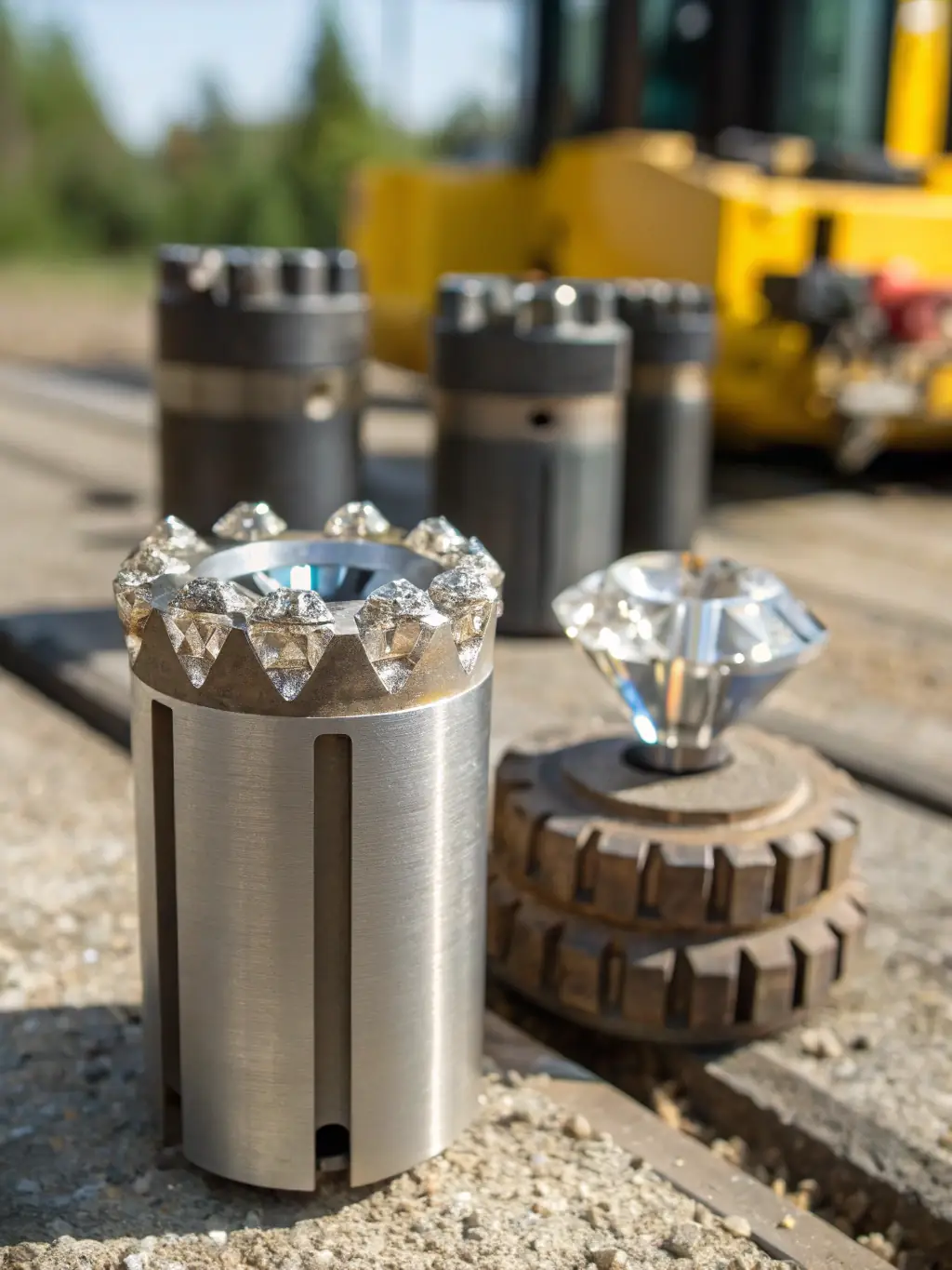A close-up shot of a new, unused drill bit for mining equipment, showcasing its sharp cutting edges and robust construction, set against a blurred background of mining machinery.